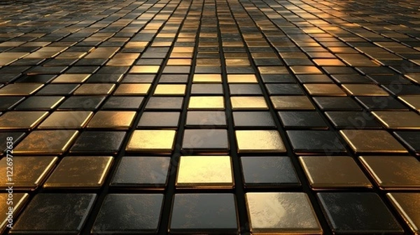 Fototapeta Golden Reflective Tiles Creating An Elegant Abstract Surface With Warm Lighting Effects