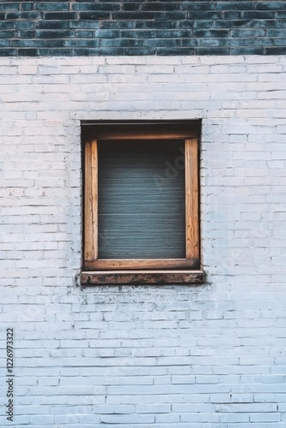 Fototapeta Wooden window framed against a weathered white brick wall, highlighting urban architecture and design in a serene, minimalist setting in daylight