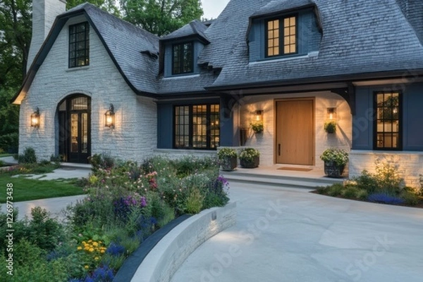 Fototapeta Beautifully designed modern home with landscaped garden surrounded by trees in the evening light, showcasing unique architecture and inviting atmosphere