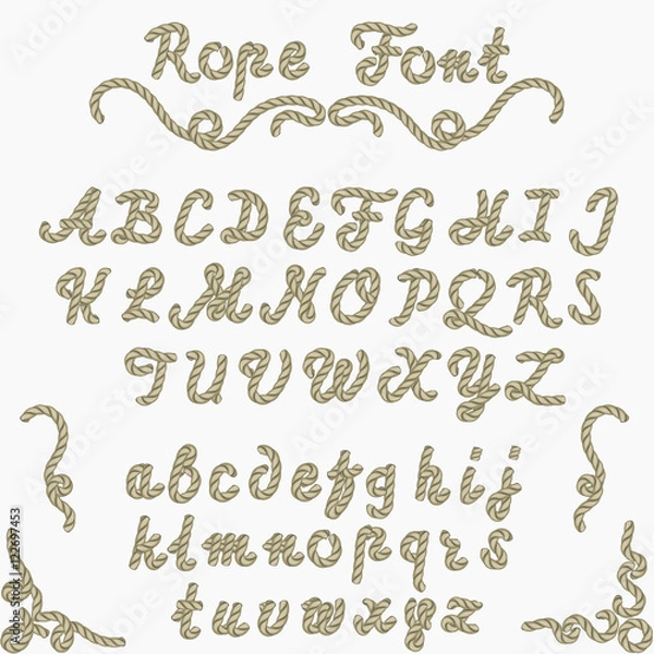 Fototapeta Rope font, nautical hand written Letters