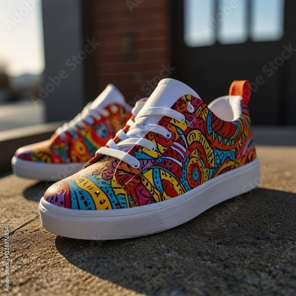 Fototapeta Colorful bright doodle pattern custom sneakers with a great view in the background. Outdoor view. Fashion style photo.	