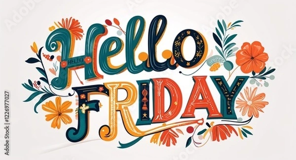Fototapeta hello Friday typography lettering decorative design on plain white background