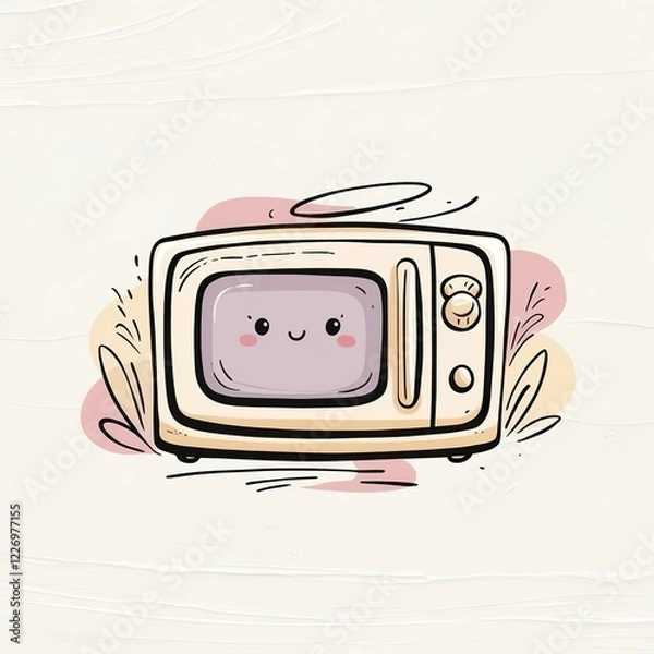 Fototapeta A whimsical hand-drawn clip artwork of an smiling face of a microwave  oven on a crisp white background in a vector style with bold lines, soft curves, and delicate textures. Pastel creamy card	
