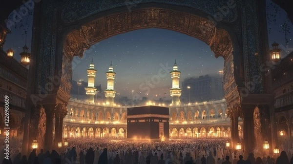 Obraz Night View of the Kaaba in Mecca, Illuminated by Lanterns and Lights