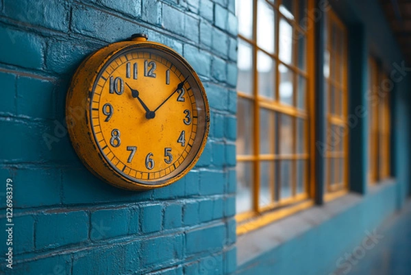 Obraz Yellow Clock Hanging On A Teal Brick Wall
