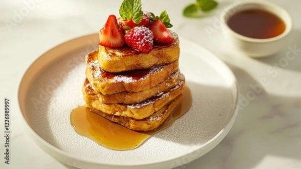 Fototapeta A delicious and fluffy French toast stack topped with fresh strawberries, a drizzle of maple syrup, and a dusting of powdered sugar