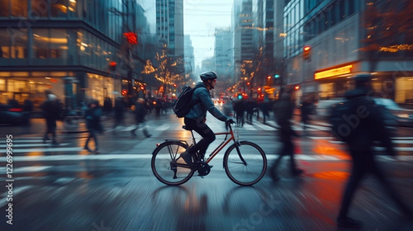 Fototapeta Cyclist navigating a bustling city street during twilight, motion blur emphasizing urban energy and the cyclist's commute, conveying a sense of speed and dynamism 