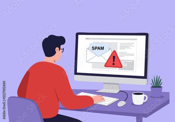 Fototapeta A person receives an email warning about spam on their computer screen, highlighting digital security concerns.