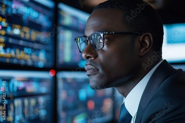 Fototapeta Focused financial analyst monitors data trends on multiple screens in a corporate office during evening hours