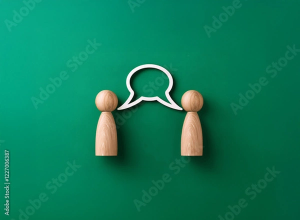 Fototapeta Two wooden figures face each other, a white speech bubble floats between them against a green background.  This symbolizes communication and dialogue.
