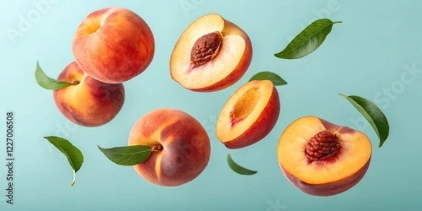 Obraz A vibrant composition of whole and sliced peaches with green leaves, suspended in mid-air against a pastel blue background. A fresh and juicy summer fruit concept.