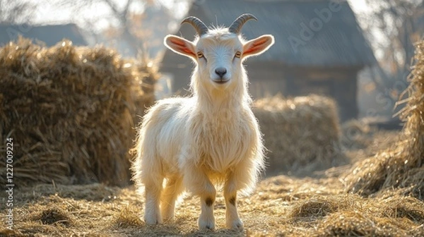Obraz Goat stands in sunlight near straw bales in a rural setting on a clear day