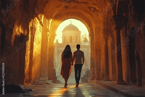 Fototapeta Couple walking towards church at sunrise