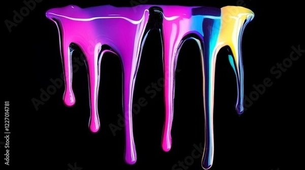 Fototapeta Drips of multicolored nail polish on a black background, forming a vivid abstract design. picture