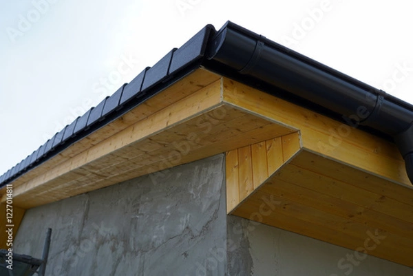 Fototapeta Detail of the edge of the roof with the batten. It is wooden in the color of pine.