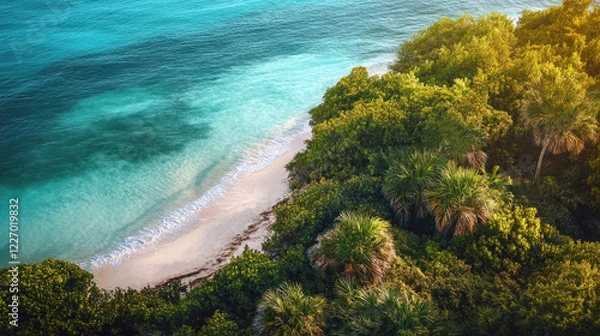 Fototapeta Aerial drone shot of a secluded beach with turquoise ocean waters, white sand, and palm trees mixed with tropical vegetation in golden sunset light. Generative AI