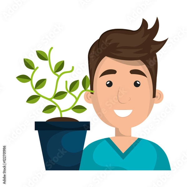 Fototapeta avatar man smiling and green plant in a pot. vector illustration