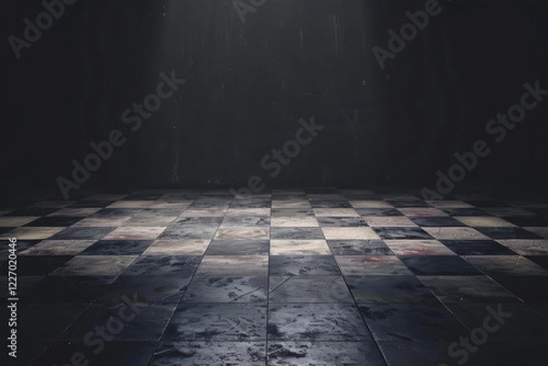 Obraz horizontal image of an empty dark room with black and white chess floor