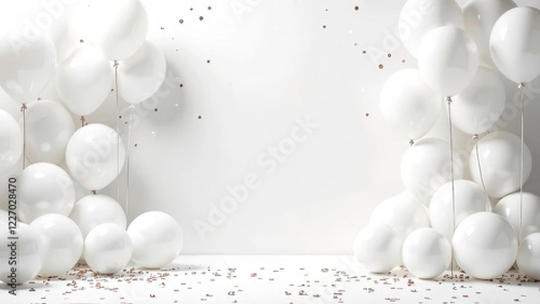 Obraz Total white festive room mockup scene with a blank space for text, minimalistic party style with white balloons and golden confetti, elegant Surprise holiday concept, studio light
