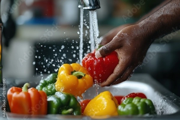 Fototapeta A close-up of hands holding a red bell pepper under a stream of running water, illustrating the significance of washing produce to maintain its quality and healthiness.