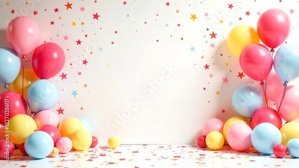 Obraz Festive pastel room scene mockup for baby with colorful balloons and stars shape confetti, magic atmosphere for product presentation or congratulations, white wall background with blank space for text