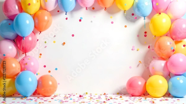 Obraz Festive childrens birthday scene mockup with a blank space for text and framed by colorful balloons and confetti, magic atmosphere for product presentation or congratulations, decorated empty room