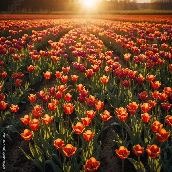 Fototapeta A field of tulips, the bright petals glowing under the golden hour sun.
