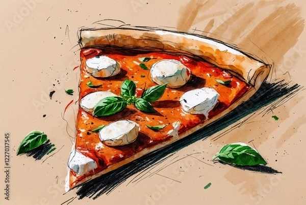 Fototapeta Delicious pizza sketch on white background. AI Generated.