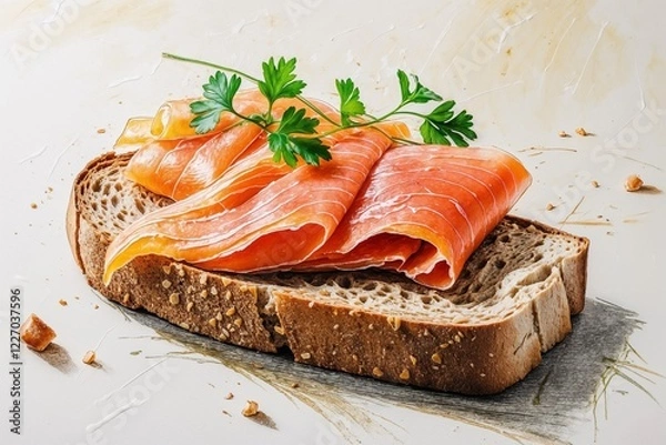 Fototapeta Toast with salmon, drawing. Sketching. AI Generated.