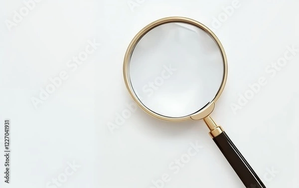 Fototapeta Magnifying glass with elegant gold frame and black handle on minimal white background