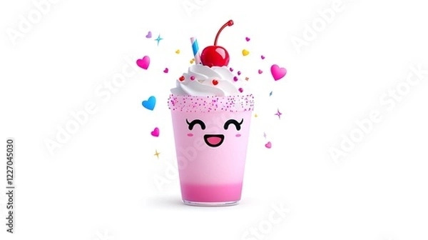 Fototapeta Adorable Kawaii Pink Milkshake with Whipped Cream and Cherry