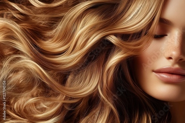 Fototapeta Close-up of a woman with long, wavy, golden hair and soft lips.