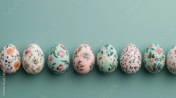 Fototapeta Easter day concept. Pastel Easter Eggs with Floral Inspired Patterns on Display