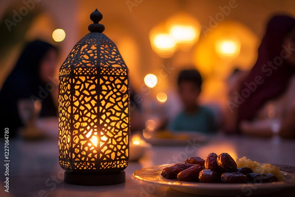 Fototapeta Traditional arabic lantern and dates on table at evening gathering, Ramadan iftar