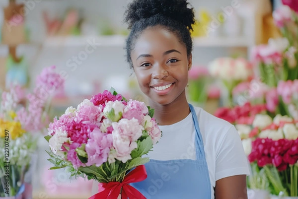 Obraz Bright and colorful floral workspace featuring a cheerful florist and elegant bouquet