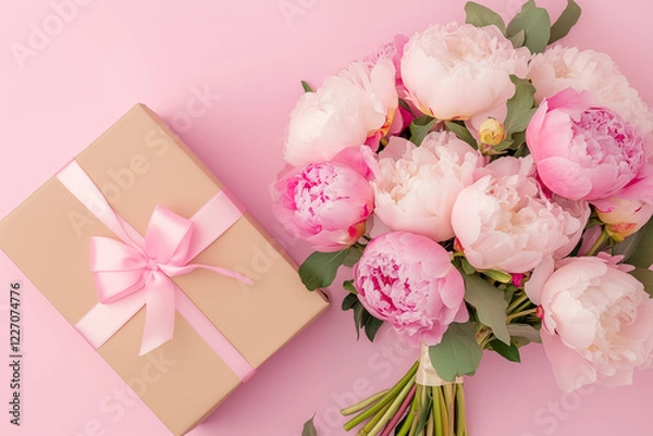 Obraz Elegant gift box with a pink ribbon on the left and a peony bouquet on the right, set on a soft pink background