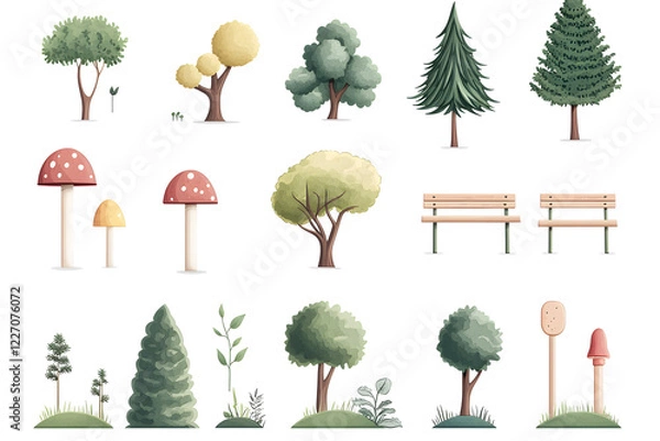 Fototapeta Hand drawn trees and bushes collection for game assets, isolated on white background
