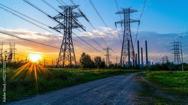 Obraz Power infrastructure development urban area photographic landscape sunset environment ground-level view energy solutions