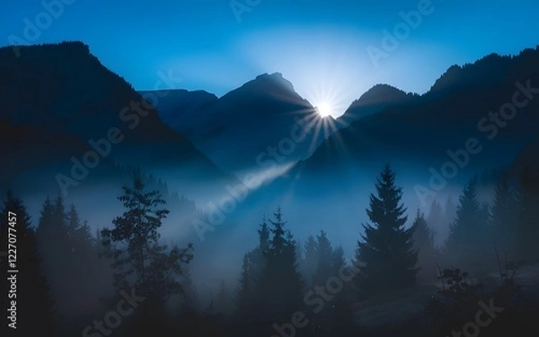 Fototapeta Sun hiding behind the mountains