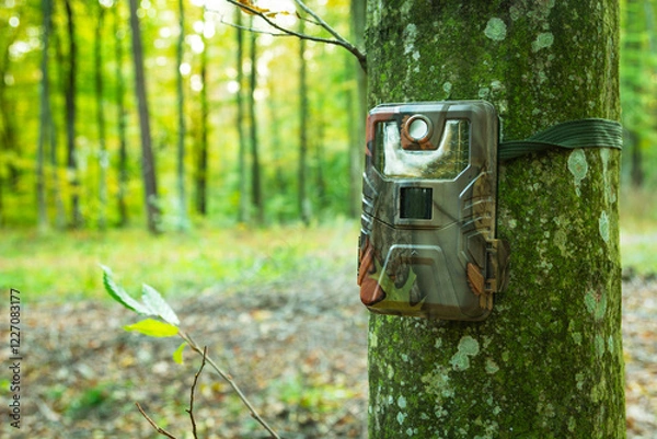 Fototapeta Close-up of a camera trap hanging on a tree trunk