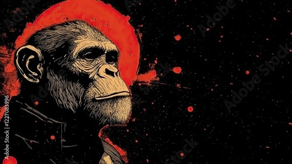 Fototapeta Vintage poster of an astronaut monkey, with retro colors and a retro vibe, detailed in the style of a Japanese artist. 