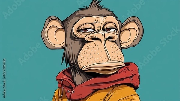 Fototapeta A 2D cartoon-style anthropomorphic ape with a distinctive elongated oval-shaped head and exaggerated jawline, perfectly matching the clean and iconic style of Bored Ape Yacht Club.