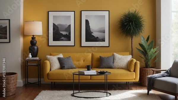 Obraz A modern stylish living room with a yellow fabric designer sofa set and photo frames displayed on the wall 3d illustration.