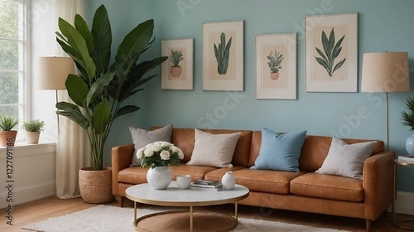 Fototapeta A modern stylish living room with a designer sofa set and photo frames displayed on the wall 3d illustration
