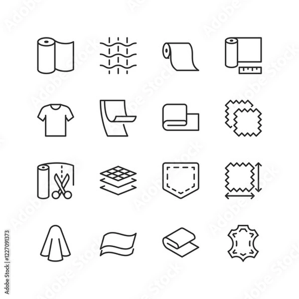 Obraz Textiles and Fabrics, linear style icon set. Icons depicting materials and tools used in the textile industry. Rolls of fabric, sewing patterns, stitching, and leather. Editable stroke width