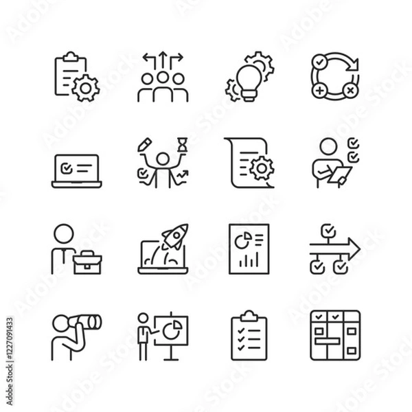 Fototapeta Project Management and Teamwork, linear style icon set. Planning, collaboration, innovation, and execution. Task tracking, milestones, and project lifecycle. Editable stroke width