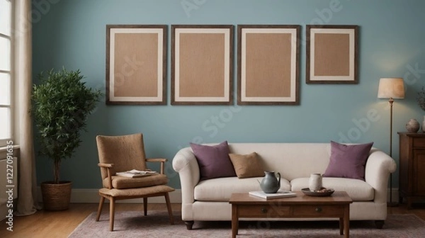Fototapeta A modern stylish living room with an off-white colour designer sofa set and photo frames displayed on the wall 3d illustration