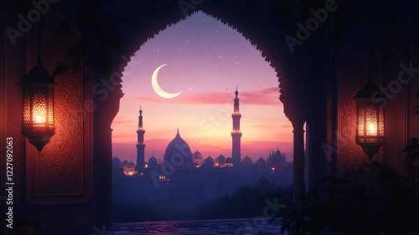 Fototapeta Ornate mosque silhouette with a crescent moon and glowing lanterns, featuring space for text on the left