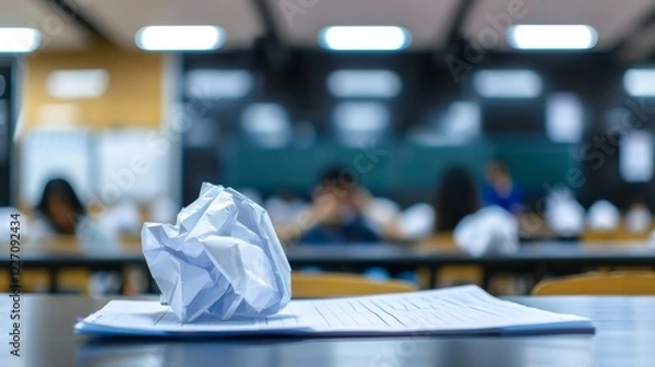 Obraz Crumpled Paper on Desk in Classroom Background of Unfocused Students