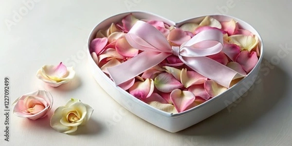 Obraz A delicate, hand-painted heart-shaped box filled with exquisite rose petals and a soft, white ribbon tied around it , romantic